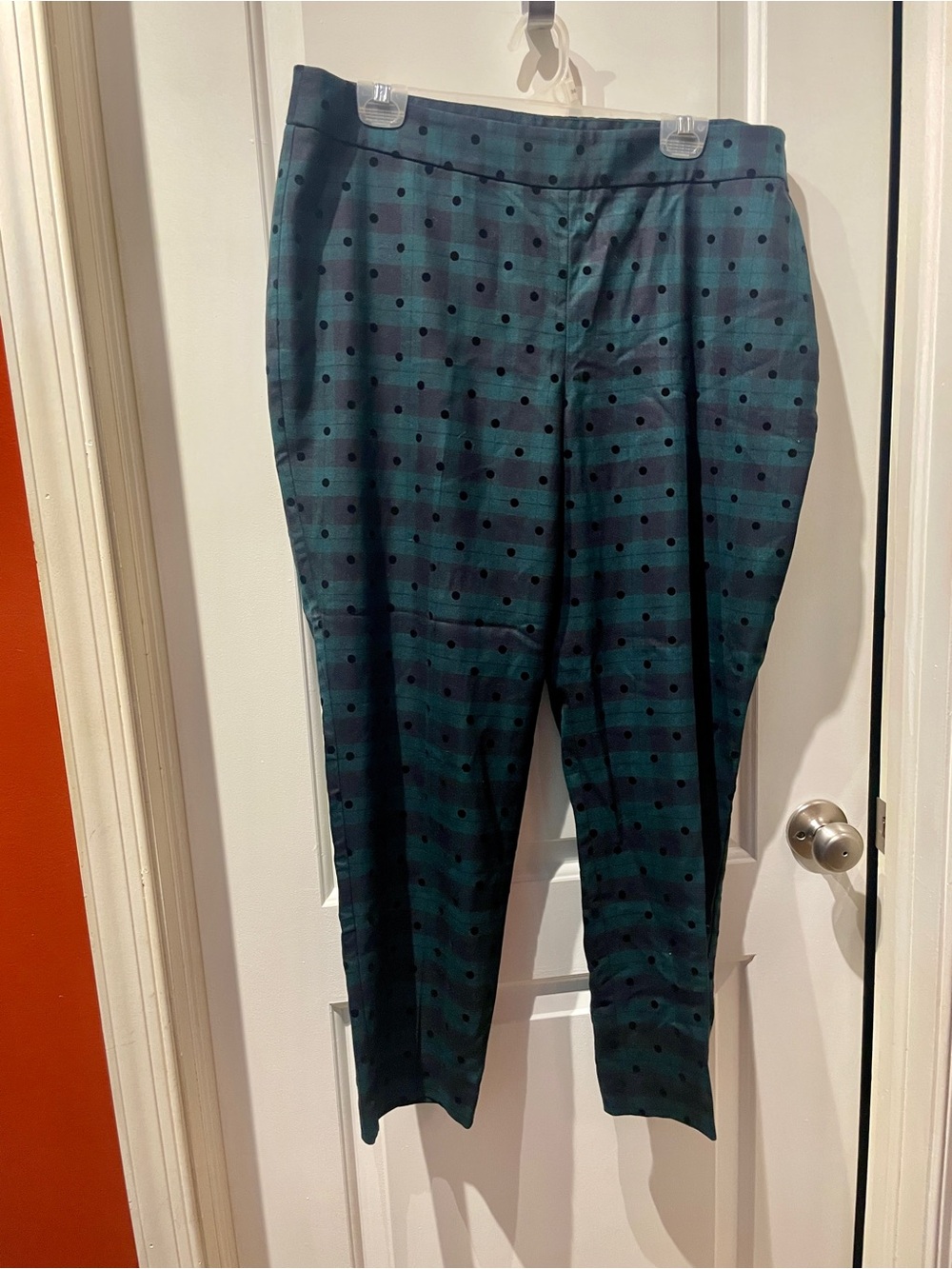 Talbots Green Plaid Ankle Pants with Black Polka Dots